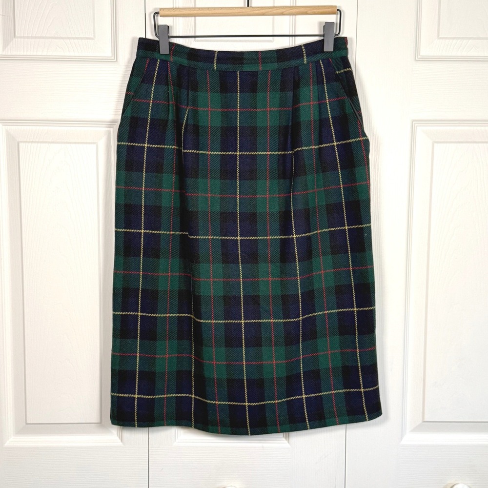 Vintage Katie Brooke Plaid Midi Skirt Green Navy Wool Blend Tartan Size 12
